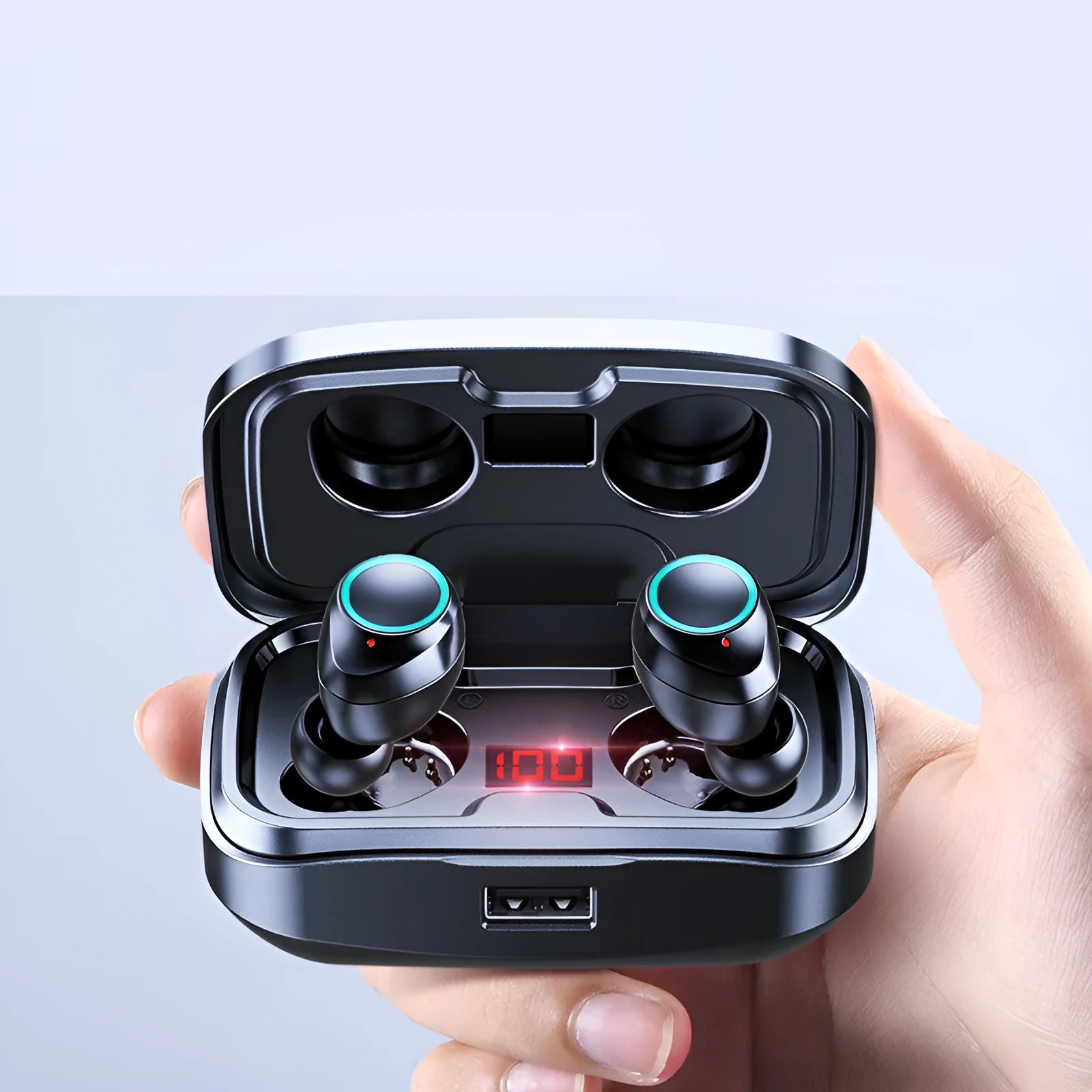 Wireless in-ear earphones in black, blue, and red colours with a private mould design for Bluetooth music and calls.