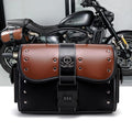 PU leather motorcycle front bag with colour contrast patchwork design mounted on vehicle