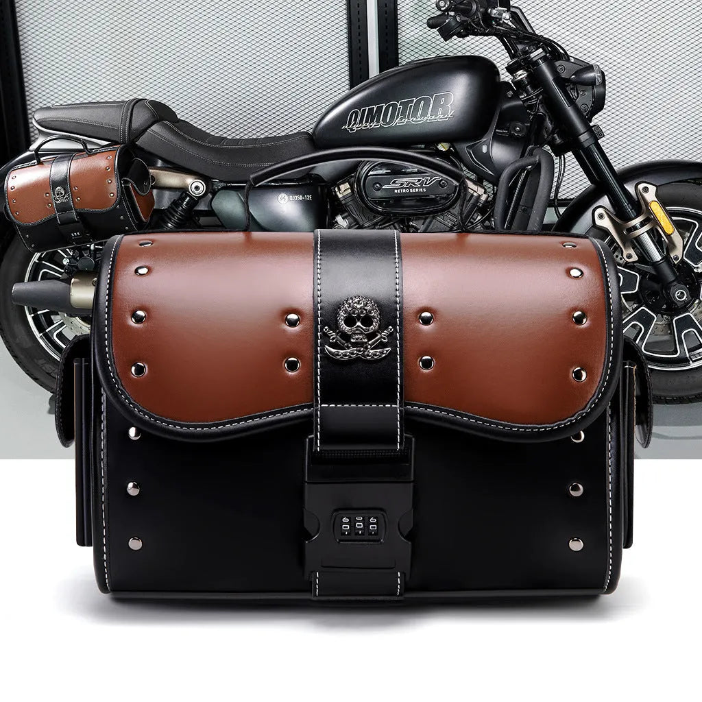 PU leather motorcycle front bag with colour contrast patchwork design mounted on vehicle