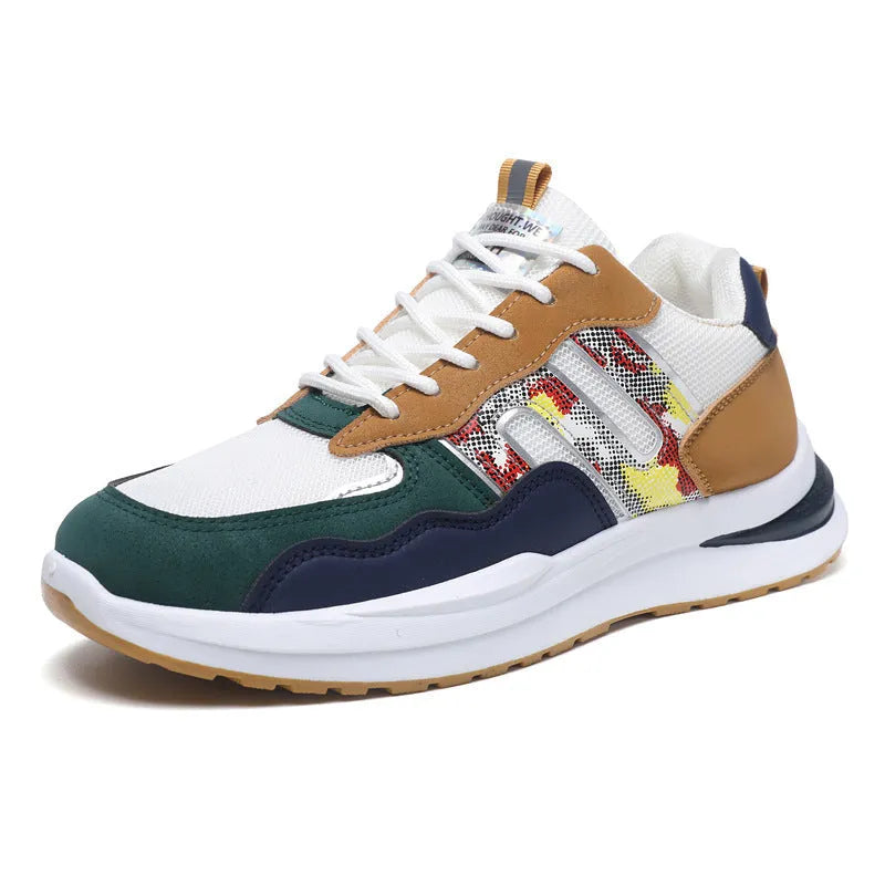 Men's white green mesh sports casual shoe with leather toe holder on a plain background.