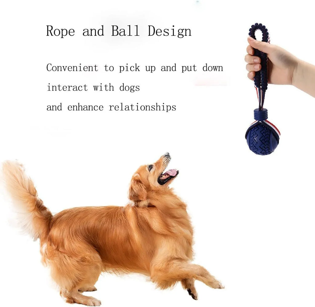 Blue natural rubber dog ball with rope toy, textured surface, shown with measurements