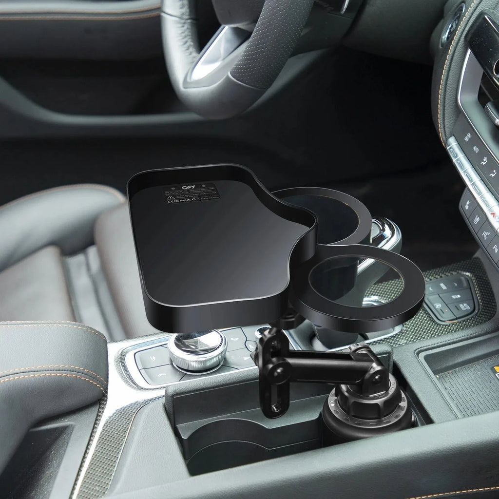 Car cup holder with wireless charging board, ABS and polyurethane construction, fits dashboard area