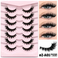 Box of natural false eyelashes and glue tube, showing dense artificial fibre lashes in one of six available styles.