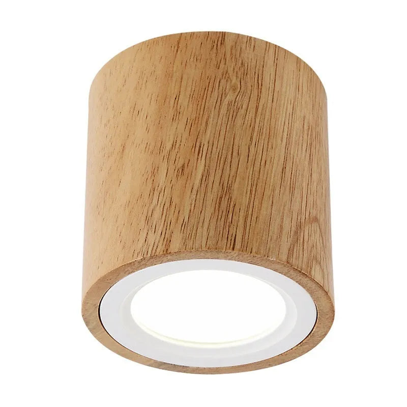 Solid wood modern surface mounted downlight in wood colour round and square shapes for corridor or entrance.