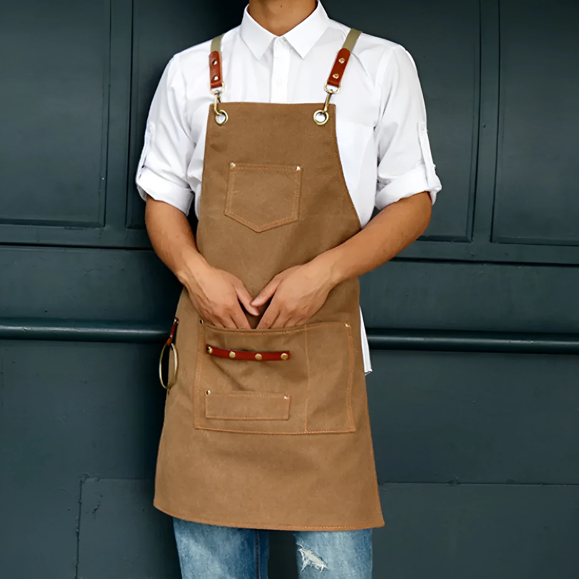 Han style canvas apron with cross-strap back in camel, light grey, or dark grey