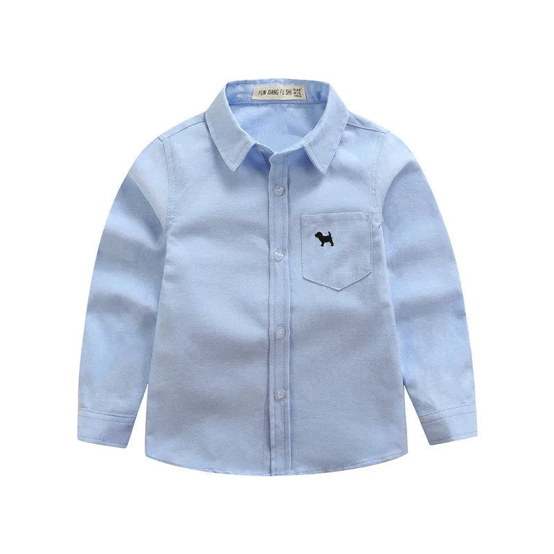 Boy's blue long sleeve cotton shirt with a lapel collar on a hanger.