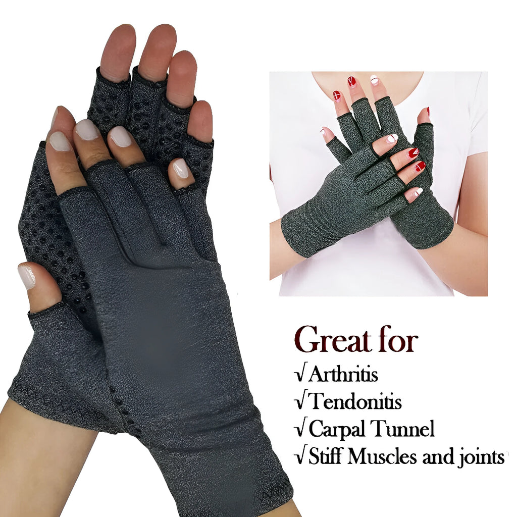 Grey half-finger joint compression gloves with anti-slip palm, shown flat.