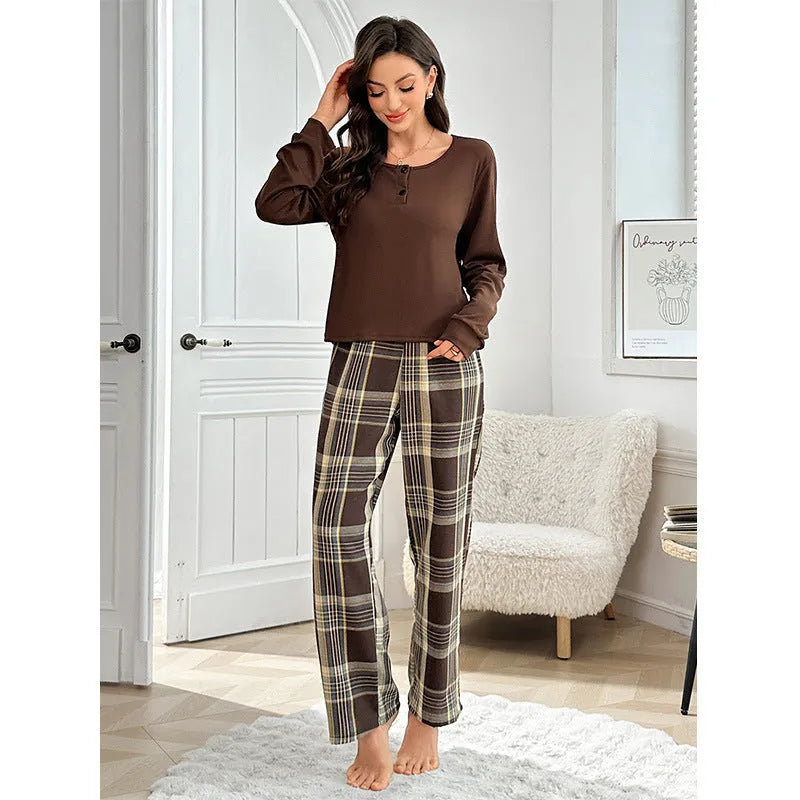 Milk silk plaid pants and button pullover set in Brown or Wine Red, sizes S to XXL