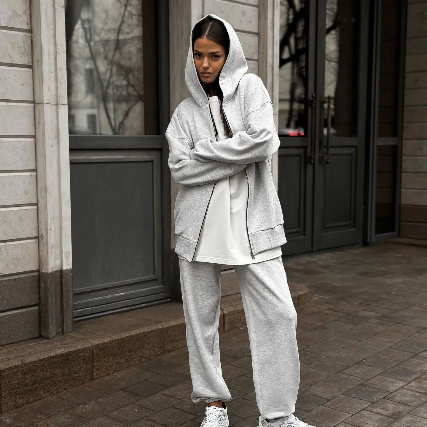 Red loose fit polyester two-piece set featuring a long-sleeved coat and matching trousers for a street style look.
