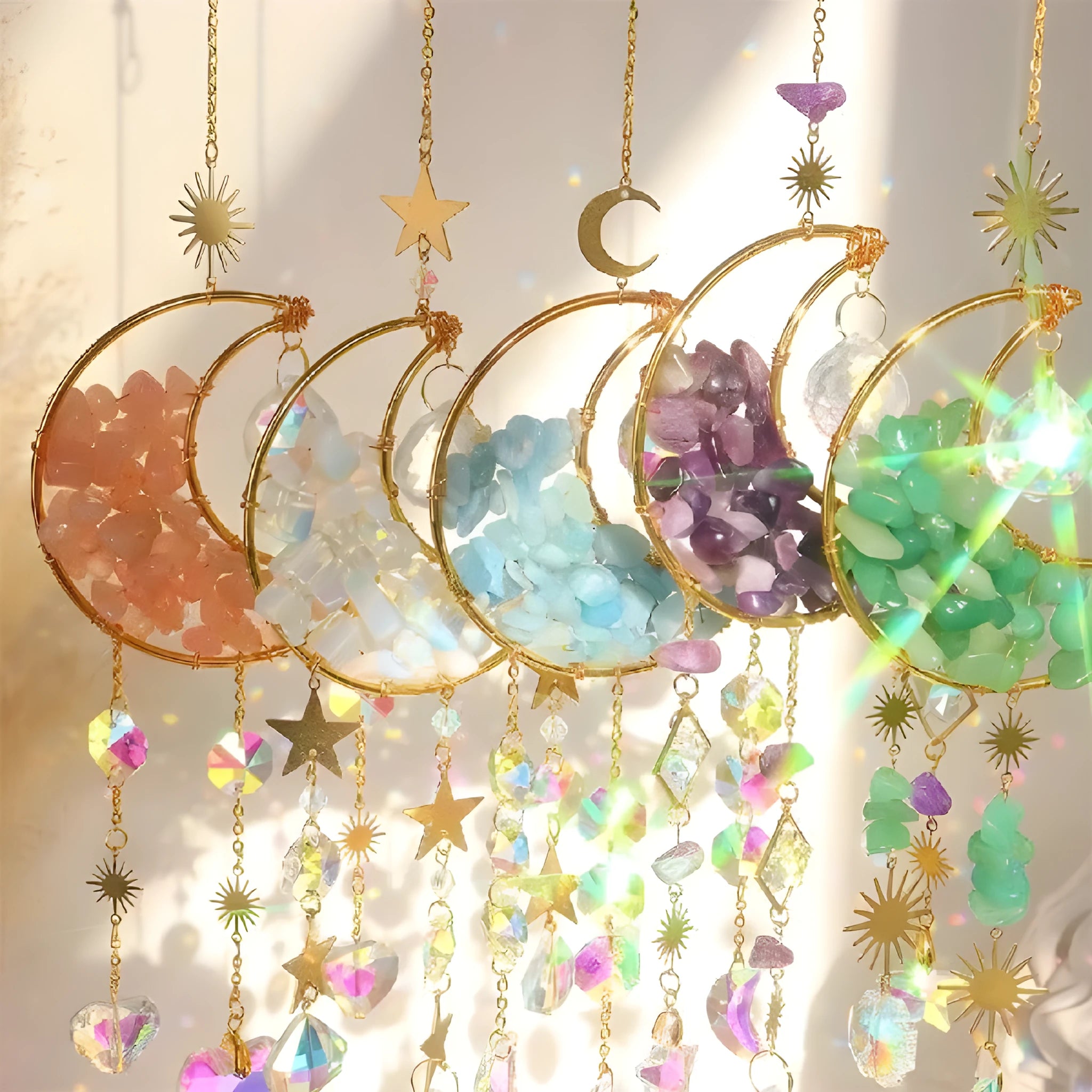 K9 crystal reflective moon pendant car accessory in blue, green, pink, purple, or white.