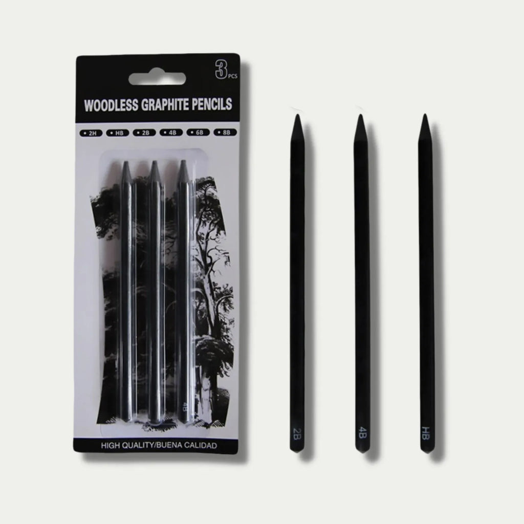 Set of six graphite sketching pencils with grades labelled HB, 2B, 4B, 6B, 8B, and EE.