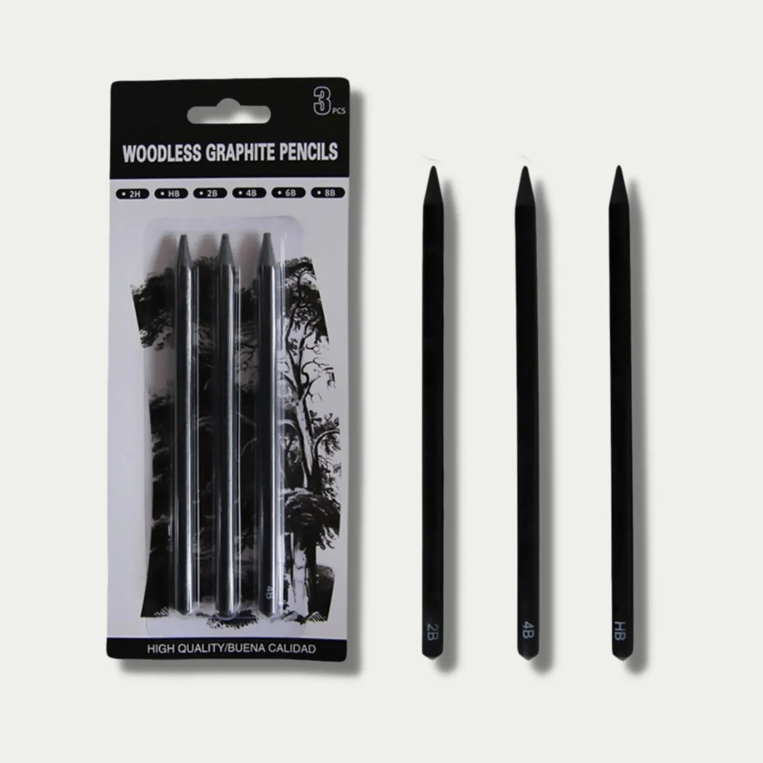Set of six graphite sketching pencils with grades labelled HB, 2B, 4B, 6B, 8B, and EE.