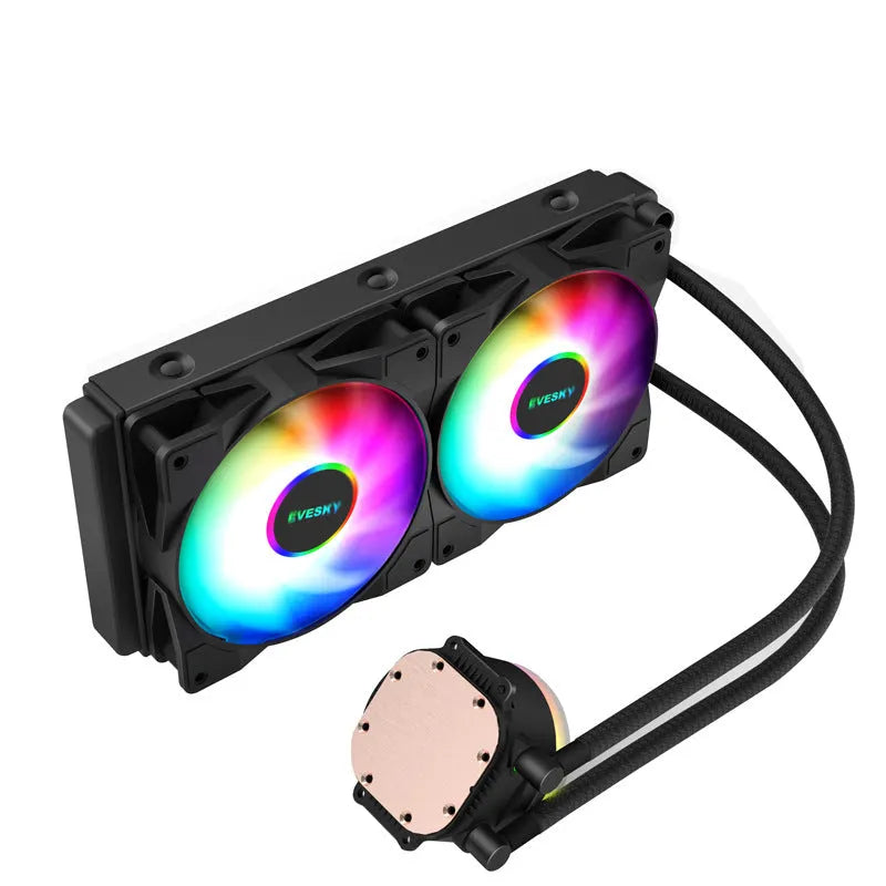 CPU radiator cooling fan with RGB lighting in 120mm, 240mm, and 360mm sizes