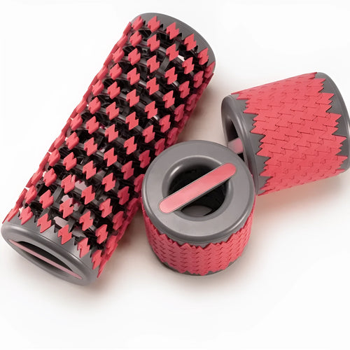 Adjustable telescopic foam roller extended to show length with yoga pillar accessory in choice of colours