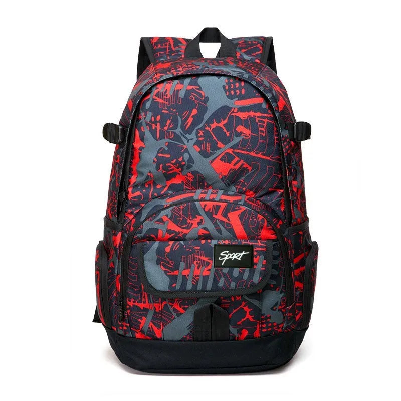 Blue classic nylon large capacity backpack shown upright, with a red colour option available.