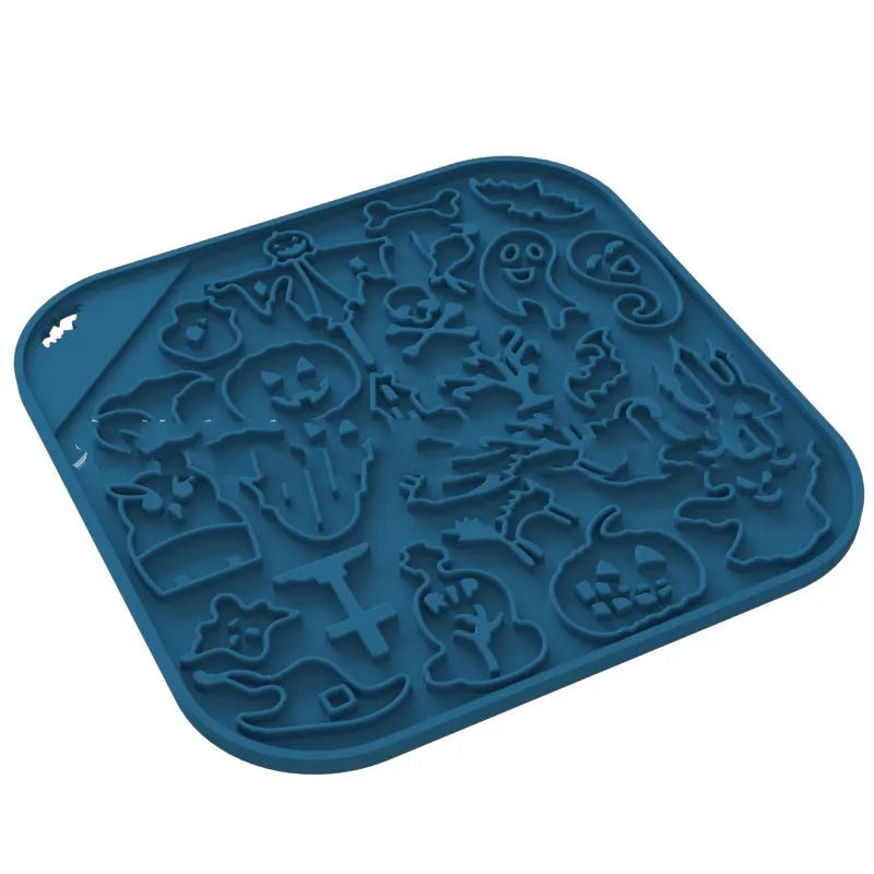Silicone dog slow feeder bowl in a hexagonal shape on a floor, showing textured surface for slowing eating pace.