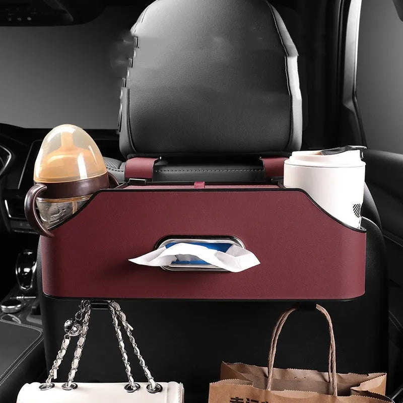 Genuine leather car tissue box holder in beige colour with suspended strap