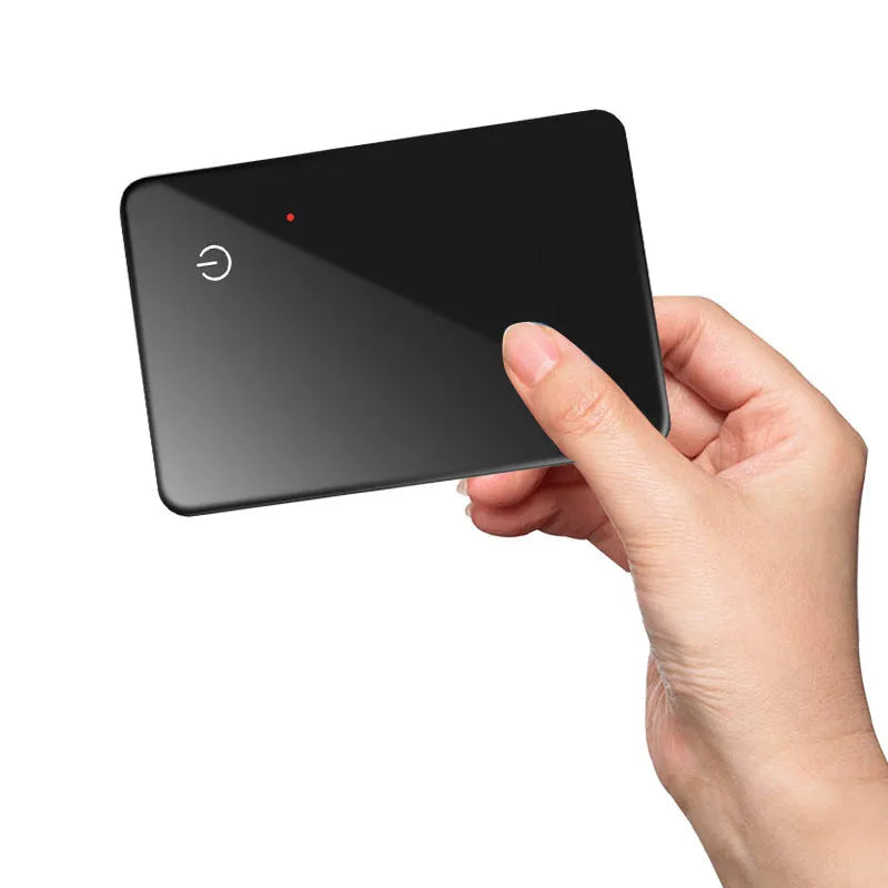 Black pet tracking card with wireless charging, 85mm by 54mm dimensions and hanging hole for collar attachment