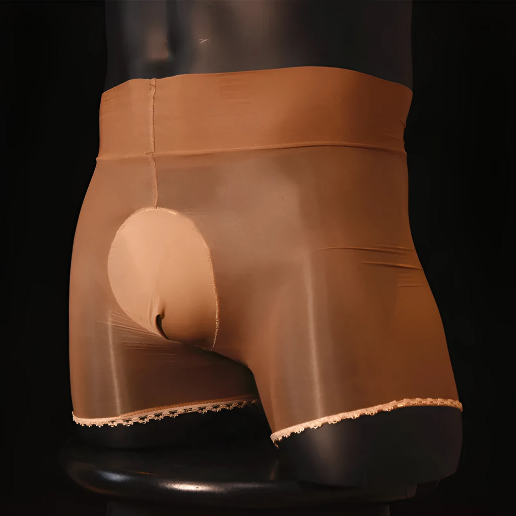 Men's shiny transparent underpants in black on a mid-waist model, showing U-shape style.