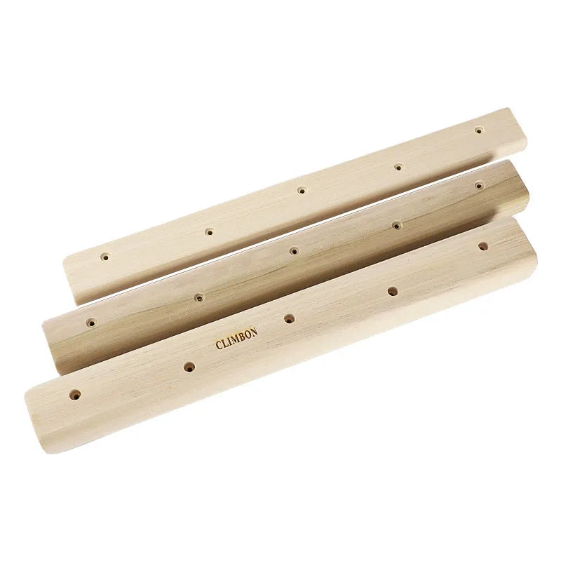 Set of three solid wooden fingerboards for grip strength training, shown in different lengths and thicknesses.
