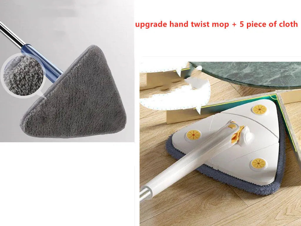 Extendable triangle mop with rotating blue head and adjustable stainless steel pole for corner cleaning