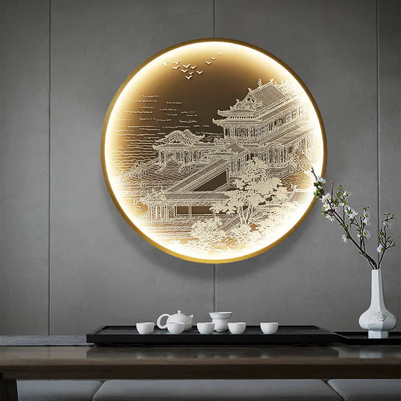 Three-dimensional relief landscape decorative painting lamp with metal frame and built-in lighting for entryway wall