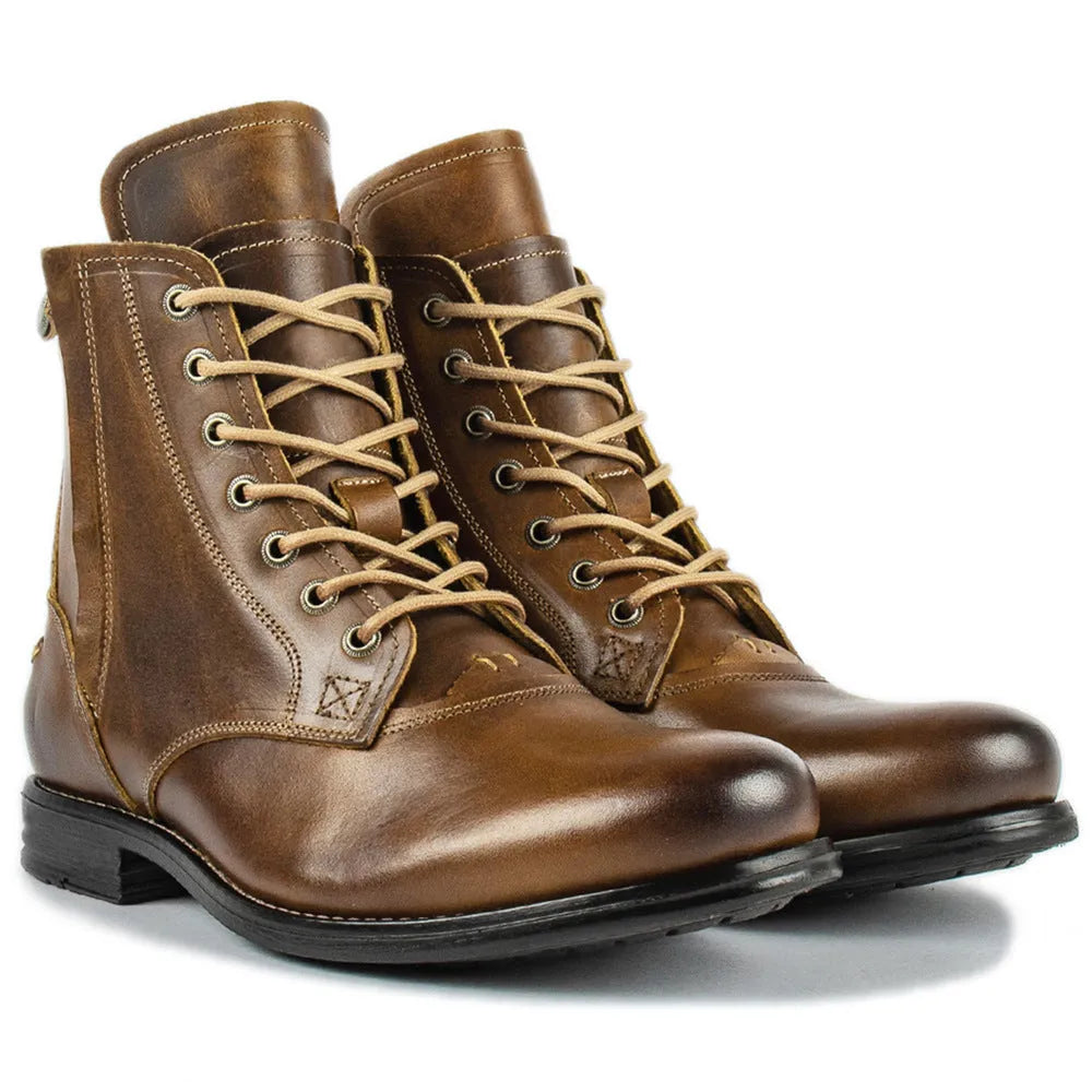 Men's retro cowboy Martin boots, black or brown, side zipper, round toe, 1-3cm low heel, sizes 38-48