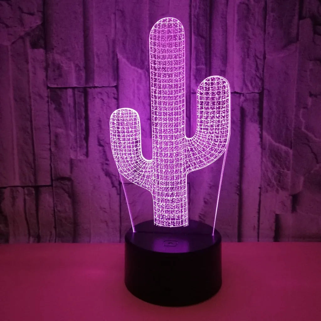 Cactus 3D small night lamp with remote control, multicolour touch operation, USB-powered acrylic and ABS base