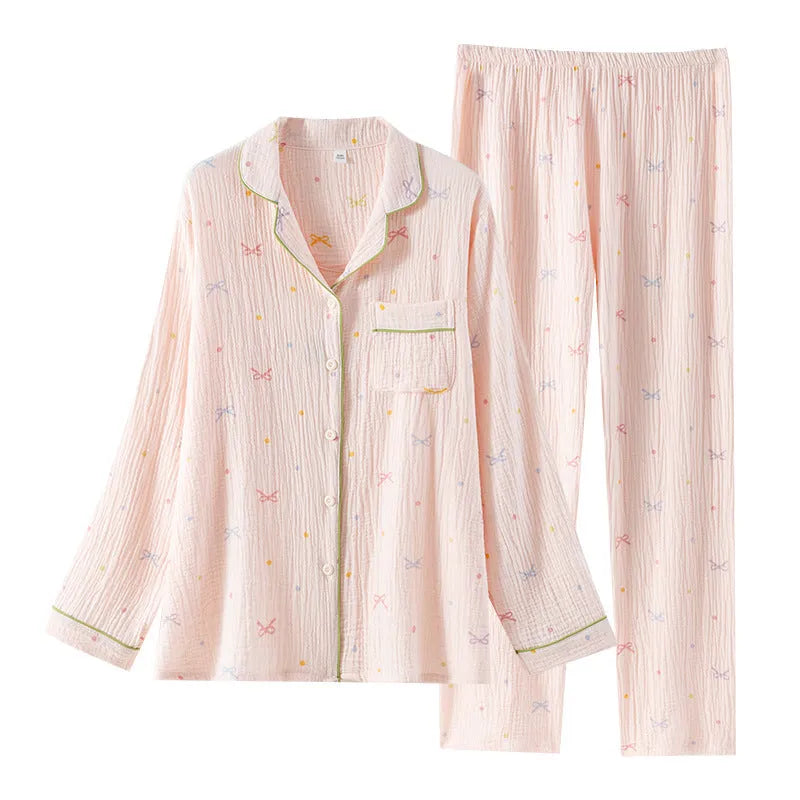 Women's cotton crepe pyjamas set in pink or beige with long sleeves and trousers