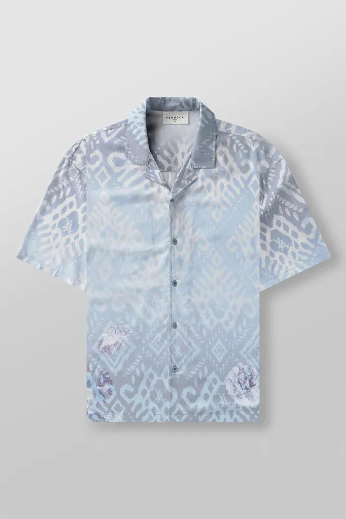 Men's loose-fit short-sleeve top with floral print in a light colour, shown on a hanger.