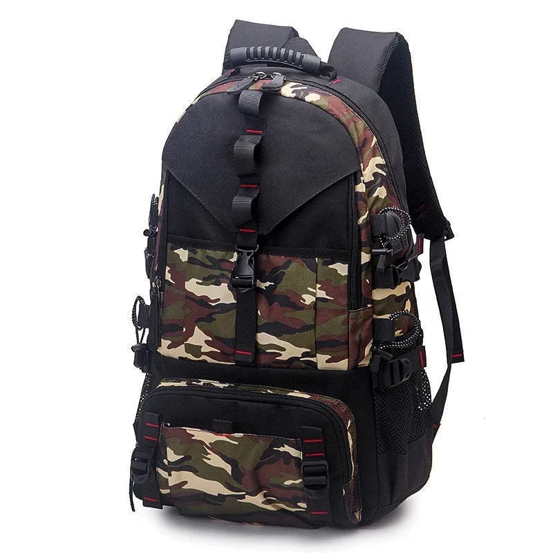 Men's black waterproof Oxford cloth hiking backpack with adjustable straps and multiple compartments.