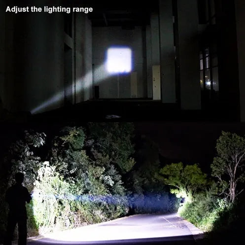 Small black aluminium telescopic LED flashlight with clip, showing zoom adjustment and button switch.