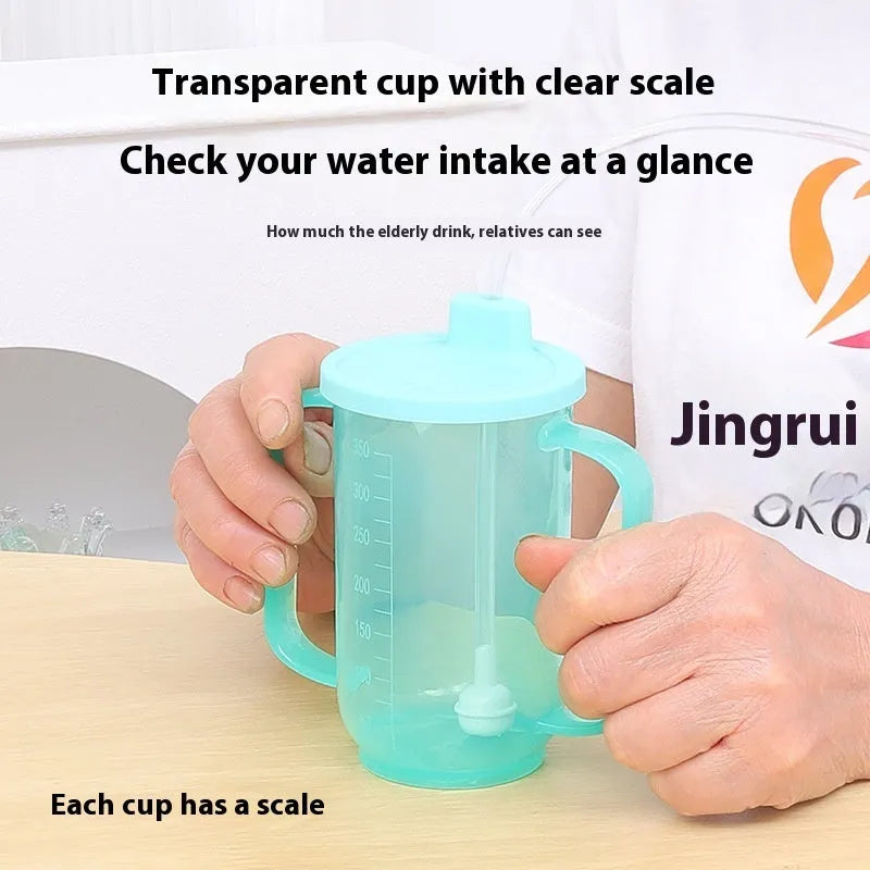 Adult angled spout anti-choke drinking cup with handle and lid, shown with optional wrist splint attachment