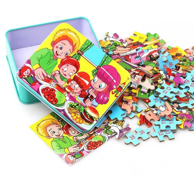 80 piece wooden animal puzzle educational toy set for children in a metal storage box