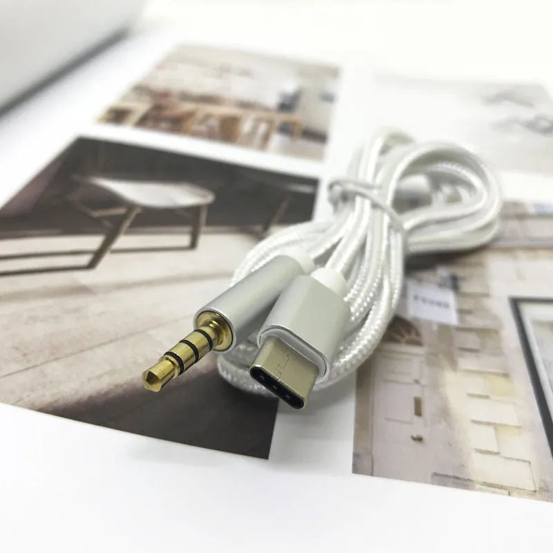 Type-C to 3.5mm braided AUX audio cable in pure colour options for car audio system connection