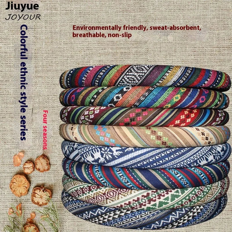 Ethnic style old coarse cloth car steering wheel cover with textured weave, 38cm fit