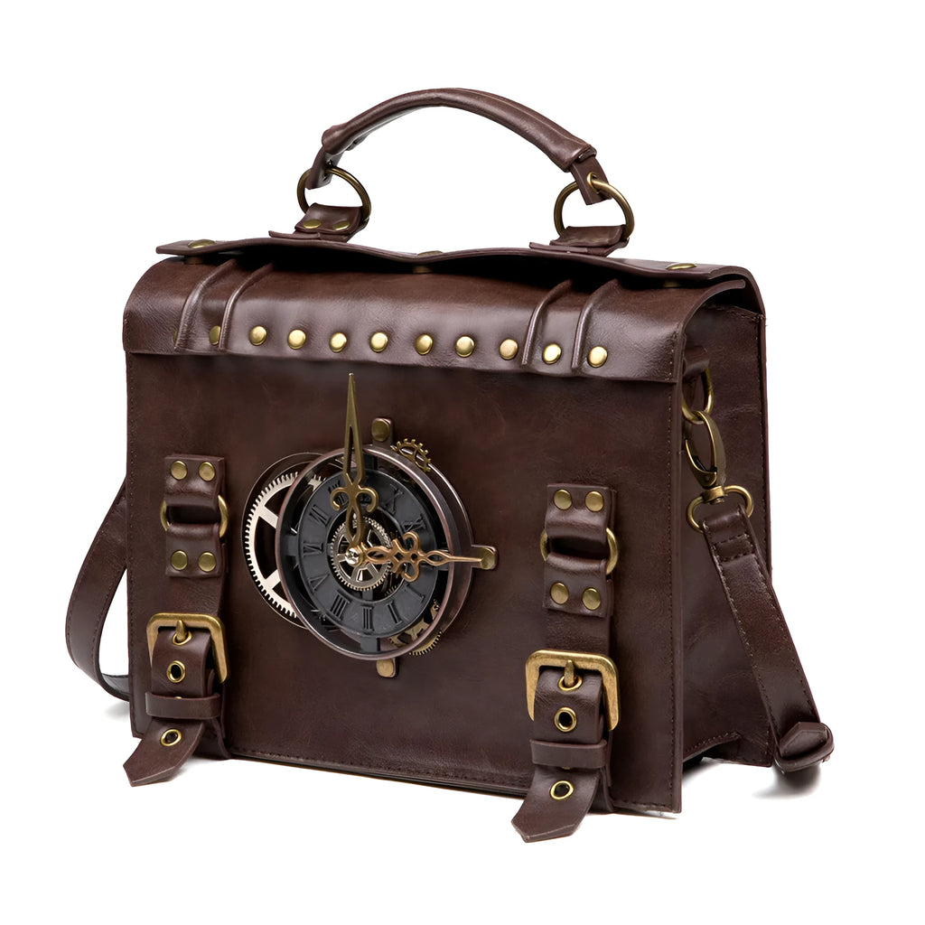 Bronze steampunk industrial retro shoulder bag with metal hardware in horizontal square pillow design