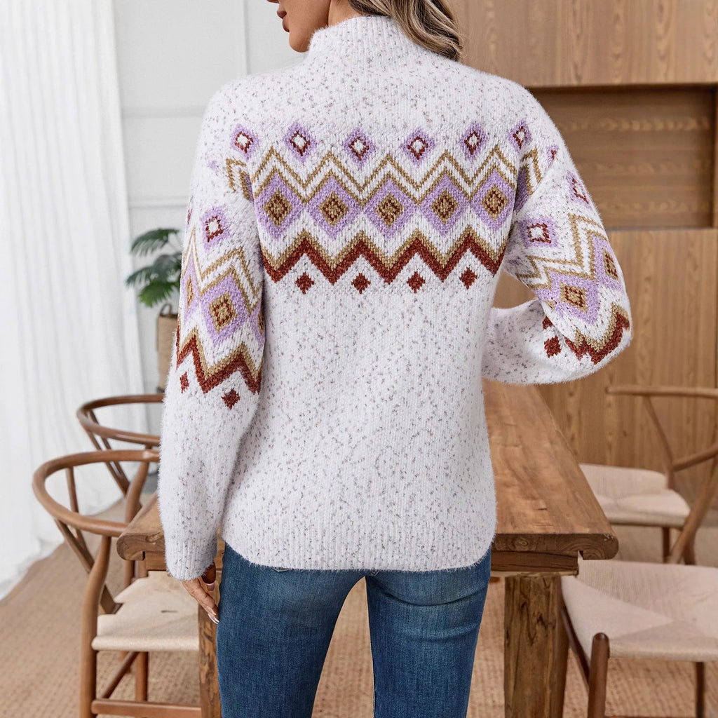 White women's sweater with geometric jacquard pattern, half turtleneck, and loose casual fit