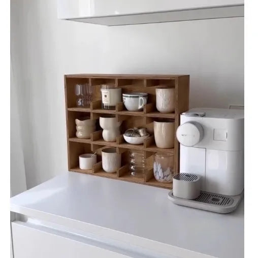 Square solid wood cup storage rack with multiple grid compartments in birch wood meridian colour
