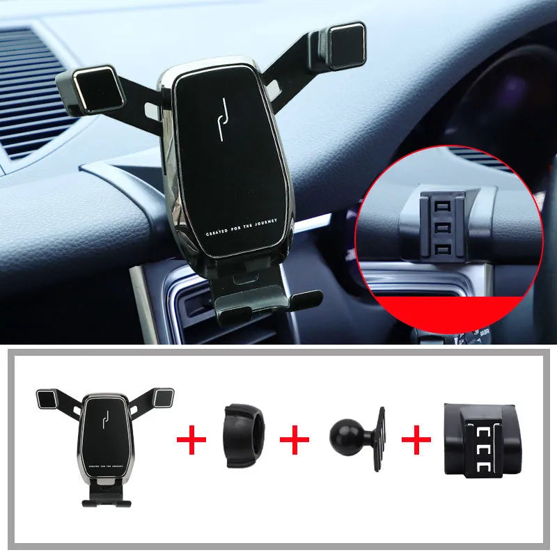 Wireless charging navigation car phone stand gravity linkage holder in black for Porsche alloy carbon fibre ABS