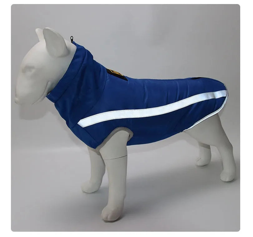 Thickened reversible dog jacket in polyester polar fleece, windproof winter pet coat in blue, red, rose red, or yellow, sizes XL to 6XL.