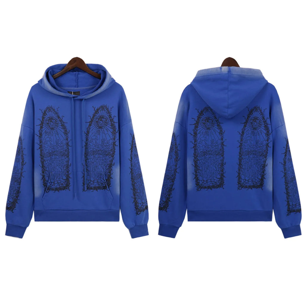 Washed distressed sweatshirt with heavy-duty classic print, cotton terry, loose fit, black or blue, sizes S-XL