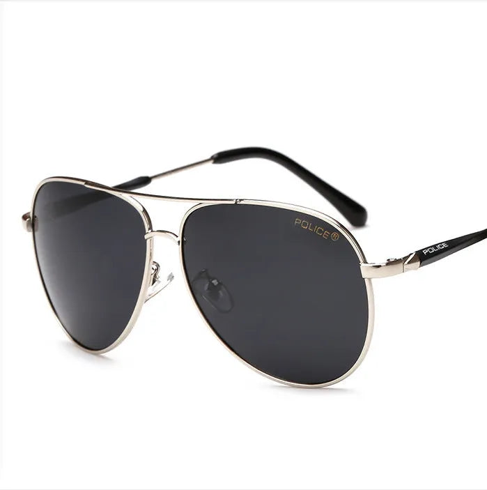 Polarized sunglasses for men with black metal frame and TAC lenses against a reflective surface