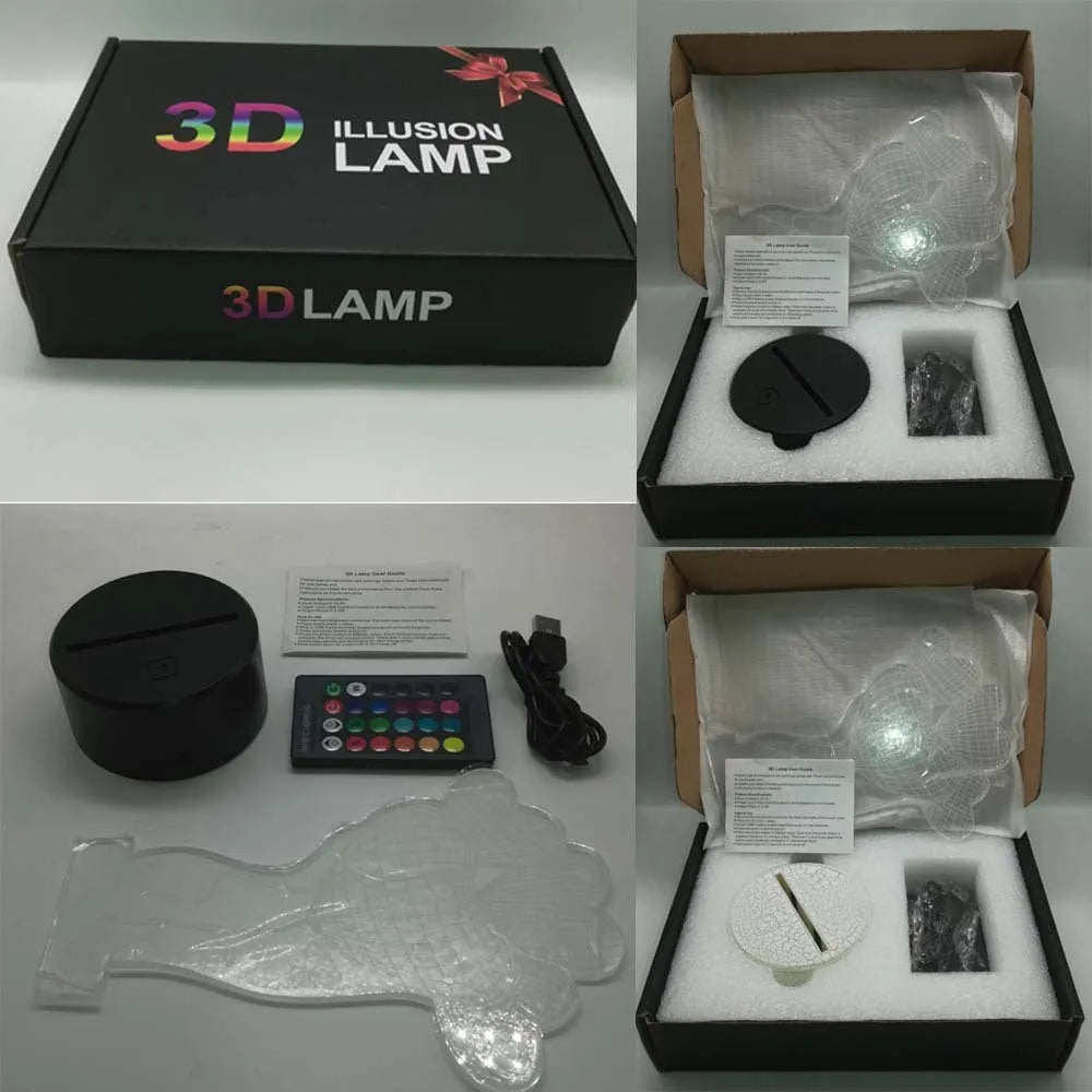 3D rose flower design LED night light on a black ABS base with USB cable and remote control.