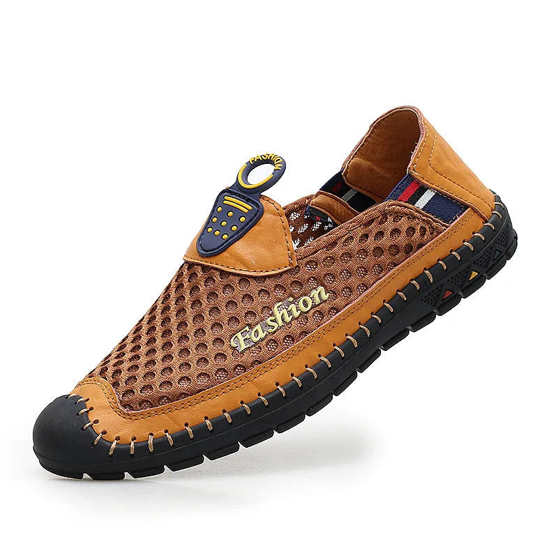 Men's brown breathable mesh casual shoes with a round toe and rubber sole.