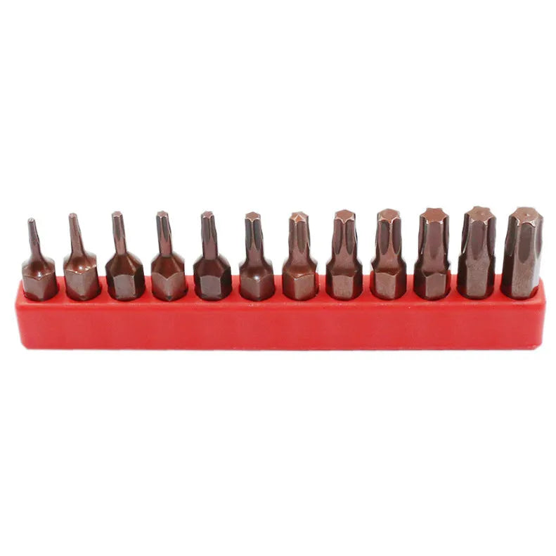 Black magnetic screwdriver bit set showing T6 to T40 sizes with hollow and solid hexagon shanks