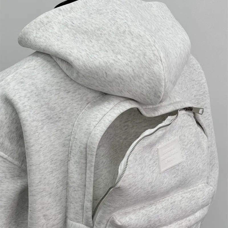 Light gray men's hooded coat with a layered back schoolbag design.