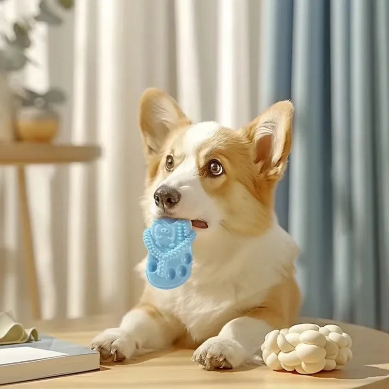Blue rubber dog chewing toy shaped like a slipper with textured surface for dental cleaning
