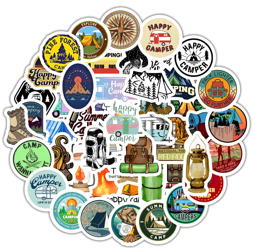 50 outdoor camping graffiti stickers, travel series PVC decals about 7cm, Go Camping pattern, model YT38