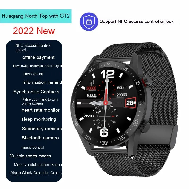 GT2 smart watch black strap 1.3 inch screen touch button NFC Bluetooth calling